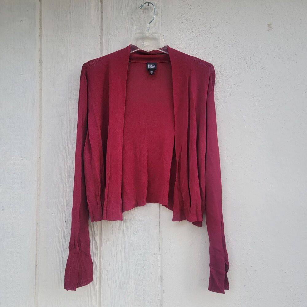 Eileen Fisher Viscose/Nylon Cardigan Wine/burgundy Sz L Open Front Bell Sleeve